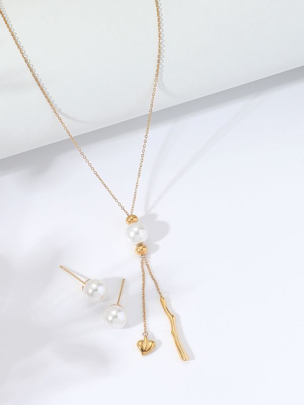 Fashion Ornament Stainless Steel Plated 18k Gold Pearl Telescopic Tassel Necklace Pearl Earrings Set