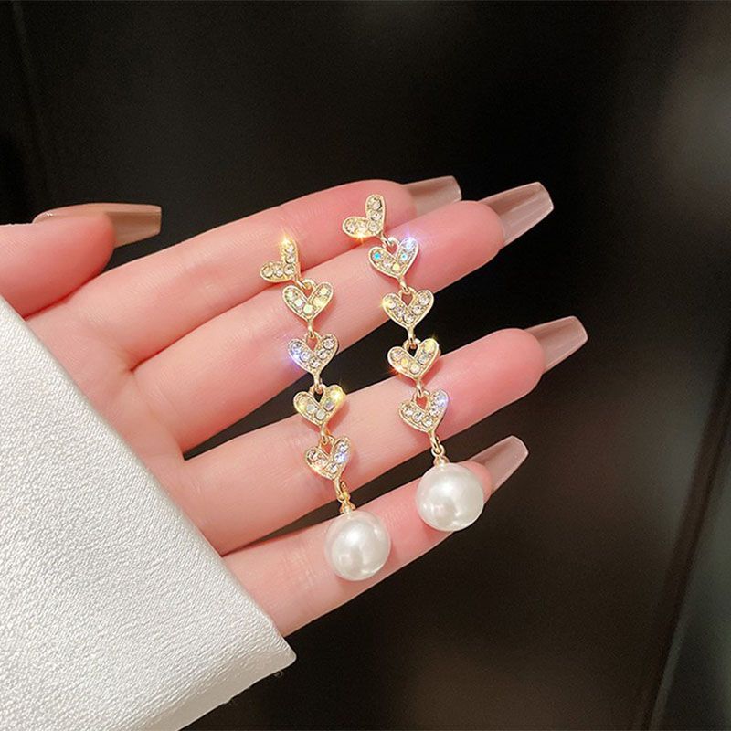 Fashion Long Heart Shaped Pearl Summer Alloy Earrings Women