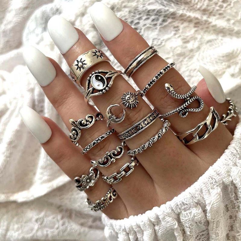 Retro Sun Moon Snake Leaves Flowers Knuckle Ring 16-piece Ring Set