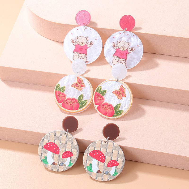 Fashion New Cartoon Embossed Bear Butterfly Flower Mushroom Acrylic Earrings