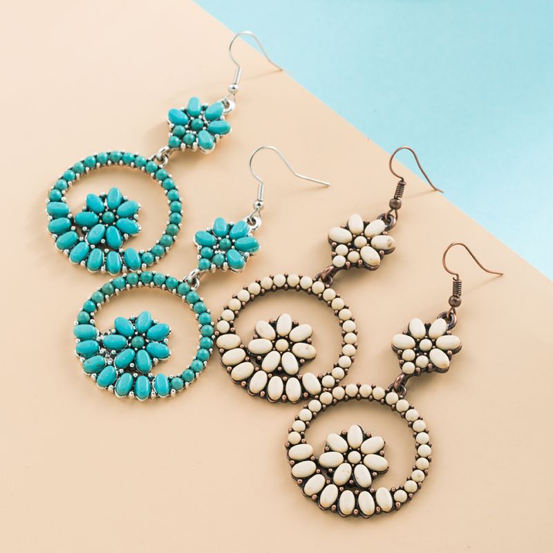 Rétro Alliage Turquoise Creux Fleur Ronde Pendentif Boucles D'oreilles