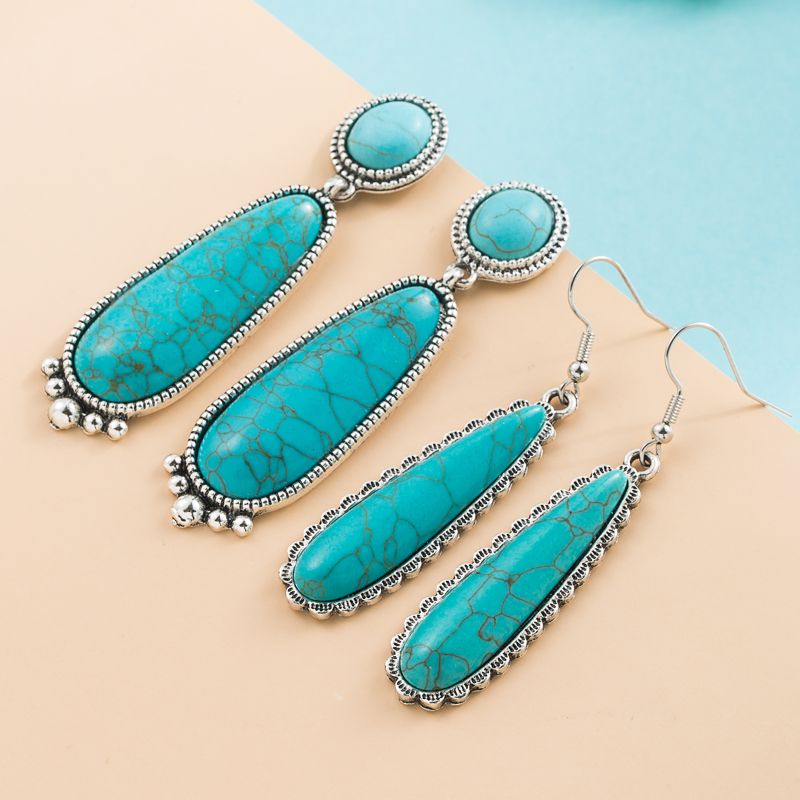 Retro Style Long Water Drop Pendant Turquoise Alloy Earrings
