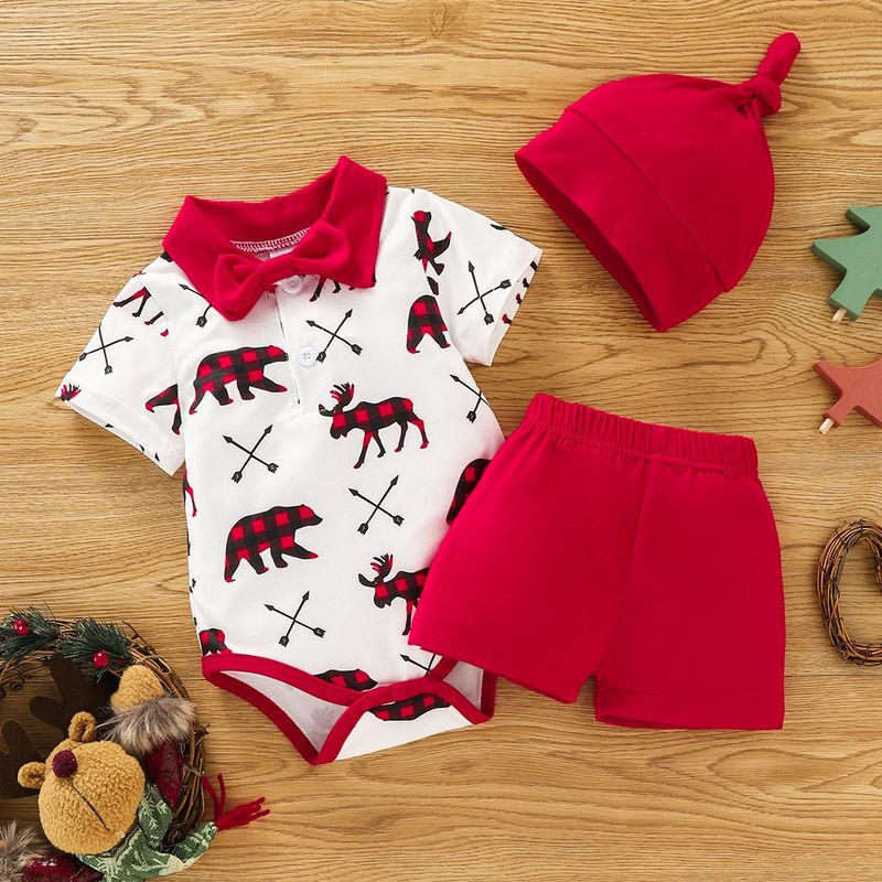 Summer New Baby Elk Bear Arrow Printed Bow Gentleman One-piece Romper + Solid Color Shorts Hat Three-piece Set