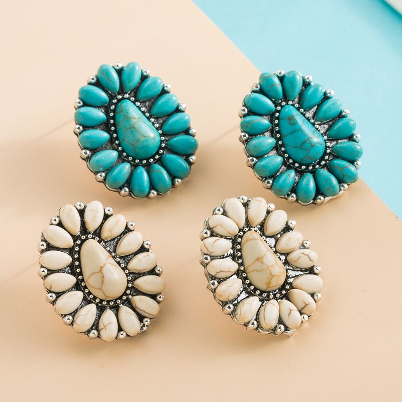 Mode Simple Géométrique Femmes Incrusté Turquoise Boucles D'oreilles En Alliage Métallique
