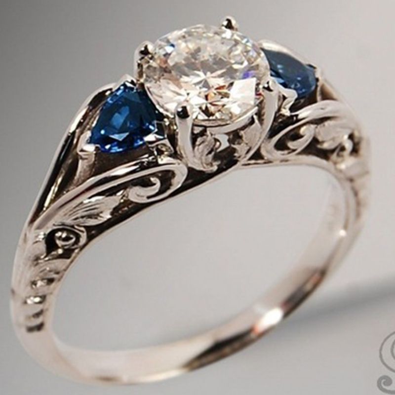 Retro Style Blue Crystal Geometric Carved Alloy Ring