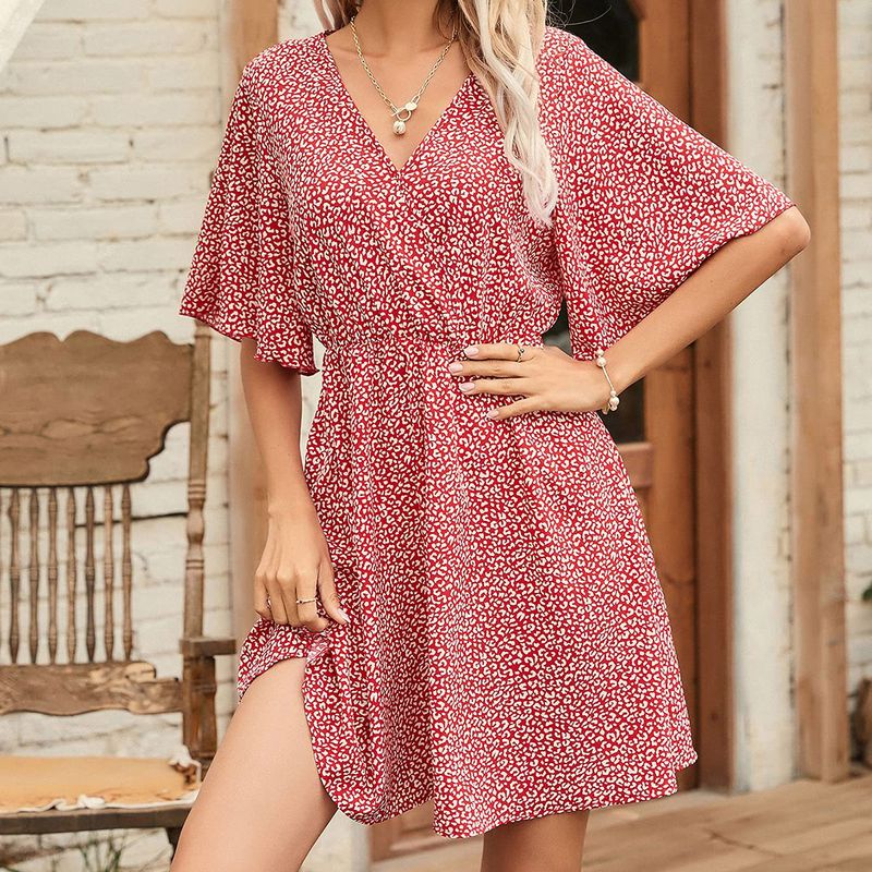 Spring And Summer New Printed V-neck Short Sleeve Casual Loose Dress