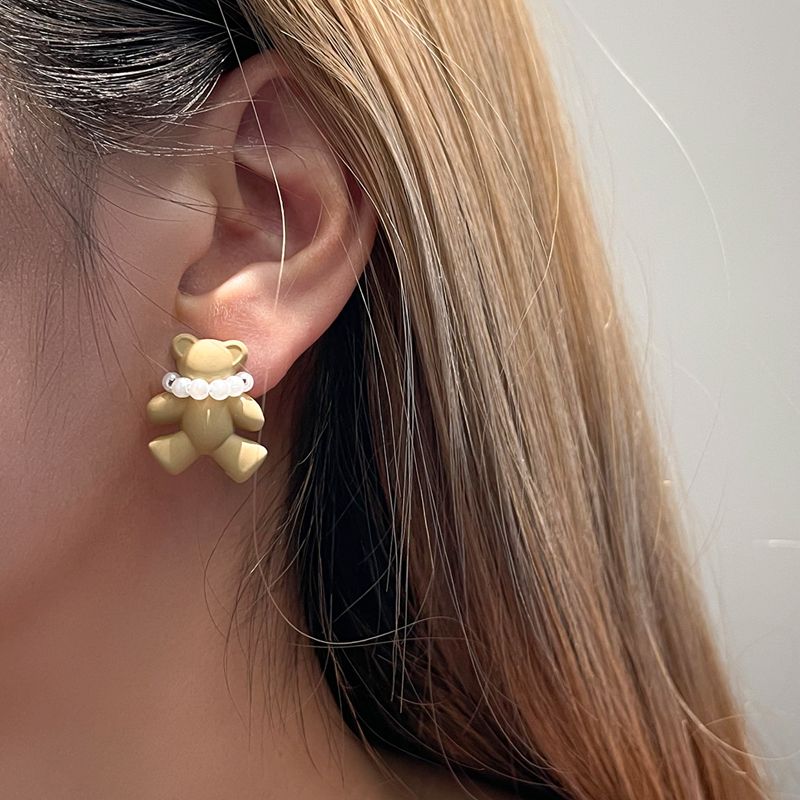 Fashion Cute Imitation Pearl Little Bear Metal Earring Female