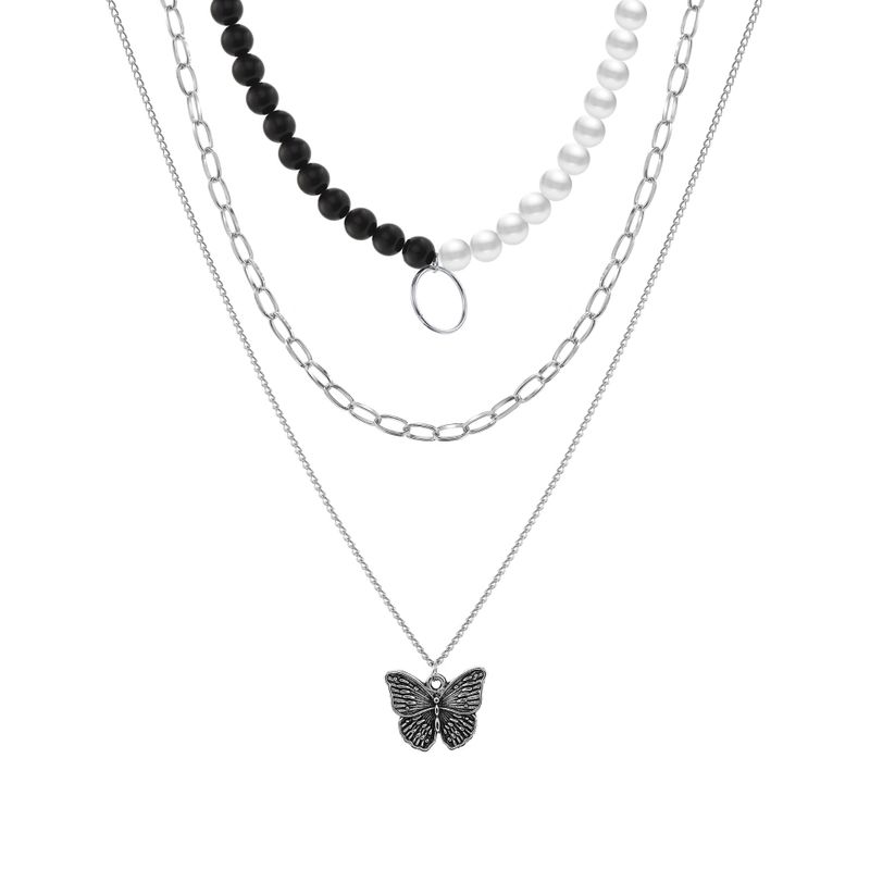 Creative Retro Multi-layer Chain Black And White Beads Butterfly Pendant Necklace