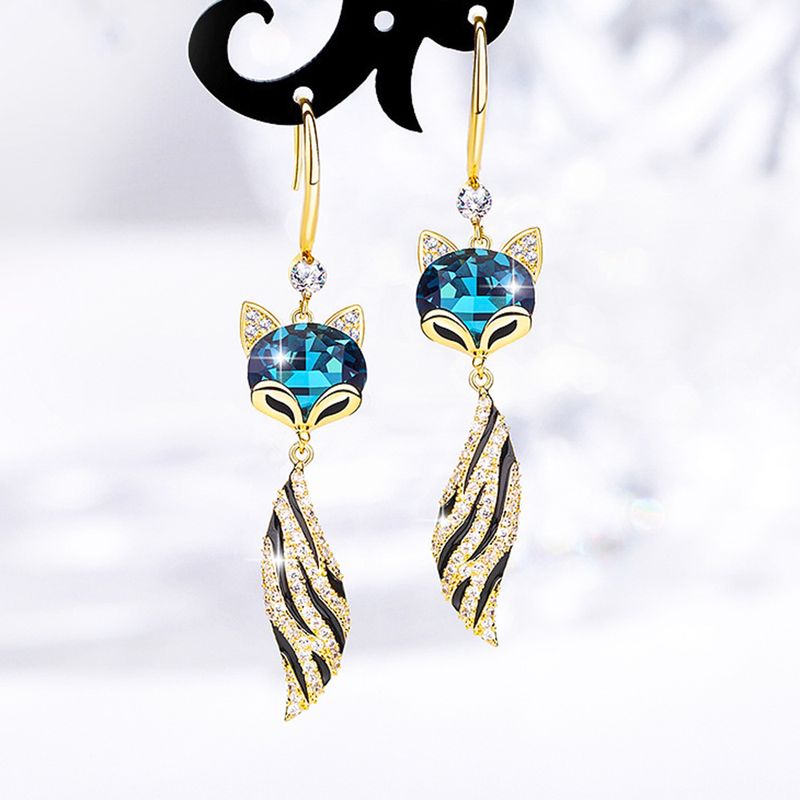 Fashion Blue Fox Shape Copper Inlaid Zircon Pendant Earrings