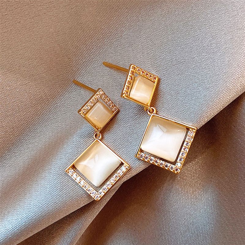 Einfache Stil Geometrische Opal Quadrat Anhänger Kupfer Intarsien Zirkon Ohrringe