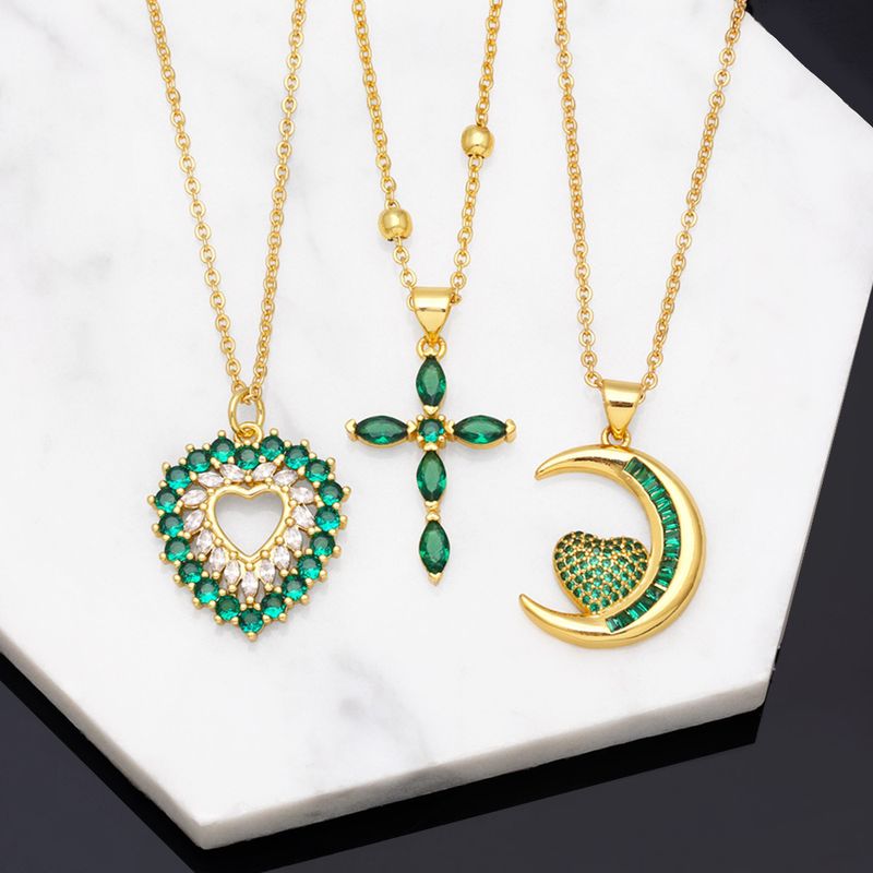 Mode Smaragd Zirkon Kreuz Mond Herz Anhänger Kupfer Halskette