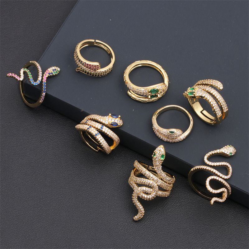 Fashion Colorful Oil Snake-shaped Open Green Zircon Copper Ring