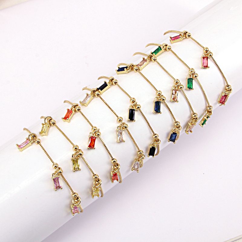 Simple Colorful Zircon Rectangular Copper Gold Plated Bracelet