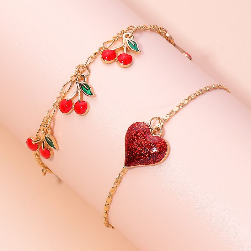 Fashion Ornament Sweet Cute Dripping Oil Heart Shaped Cherry Brace Lace Bracelet Set