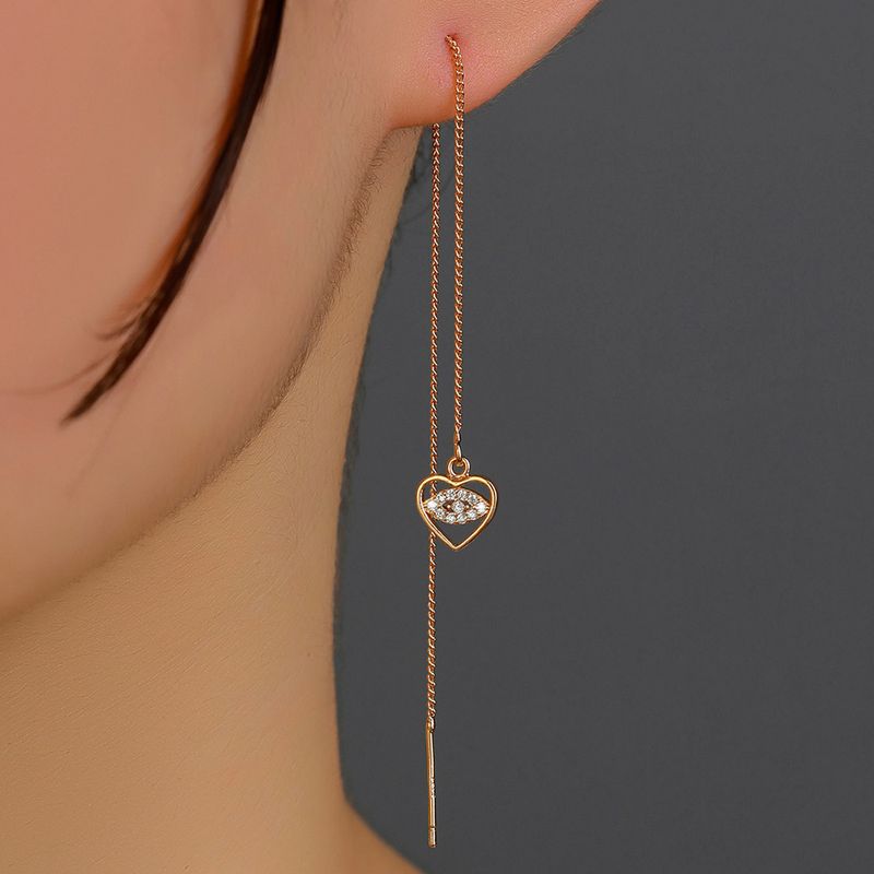 Fashion Micro Inlaid Zircon Heart  Devil's Eye Pendant Tassel Piercing Copper Earrings Pairs