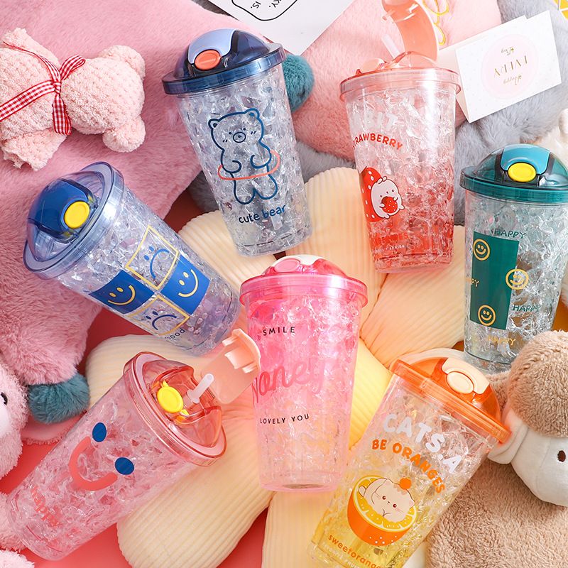 Cartoon Plastic Cup Cute Expression Printing Bounce Cup With Straw Girl Tumbler Ice Crushing Children Water Cup