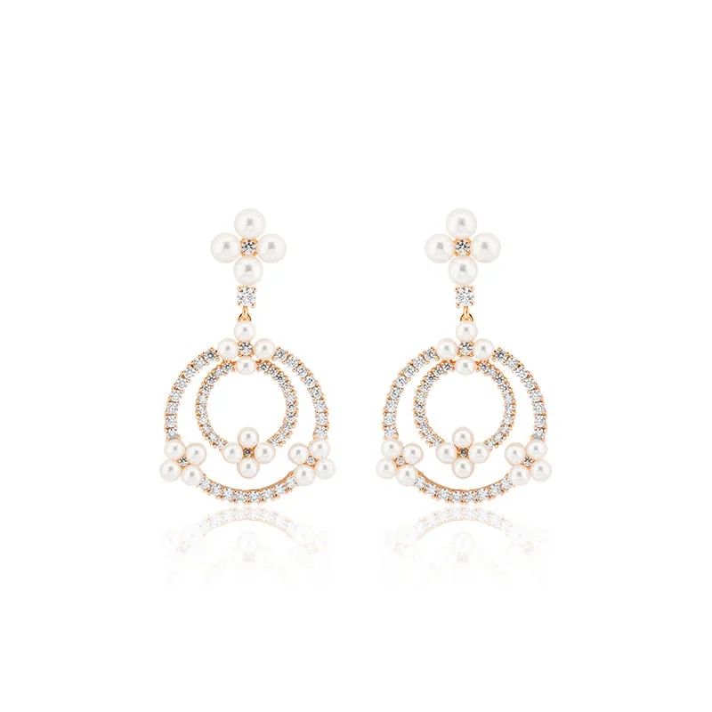 Fashion Elegant Round Shell Pearl Rhinestone Inlaid Women's Earrings