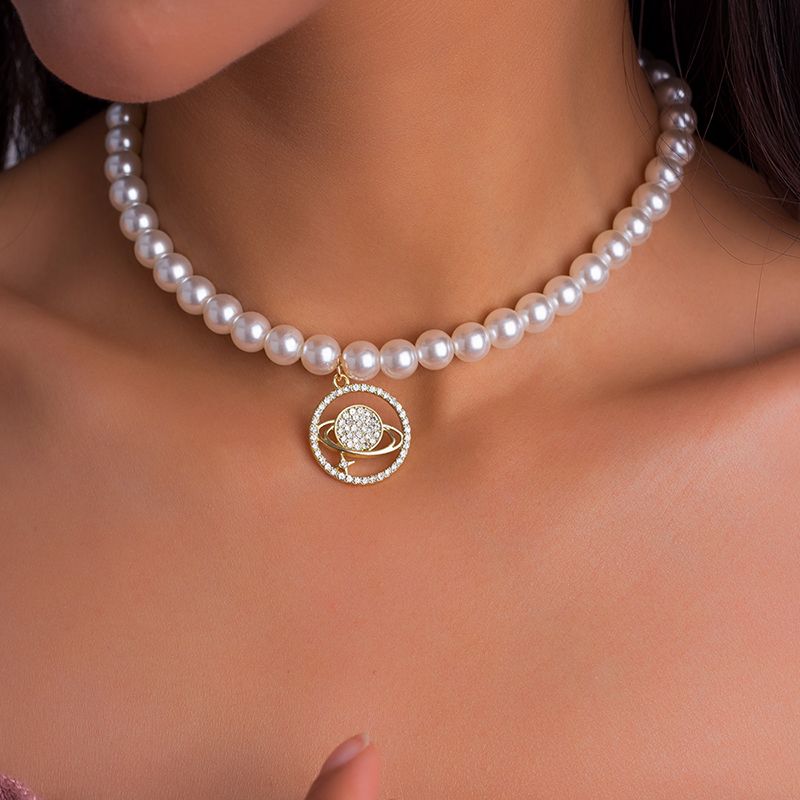 New Pearl Diamond Space Planet Pendant Clavicle Chain Necklace