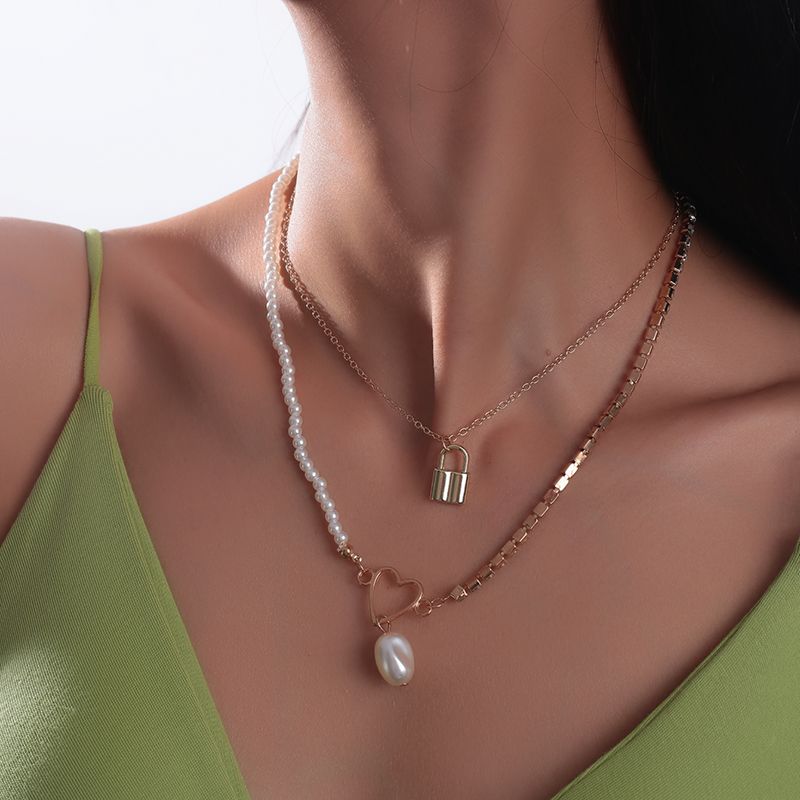 Fashion Pearl Stitching Chain Padlock Pendant Double-layer Necklace