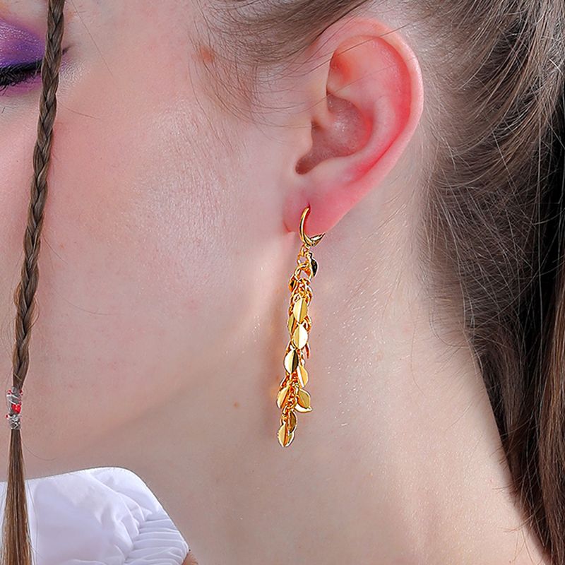 Moda Simple Hip Hop Largo Borla Hojas Chapado En Oro Cobre Pendientes