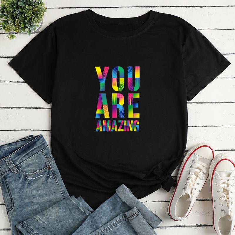 Camiseta Casual Multicolor Holgada Con Estampado De Letras De Color A La Moda