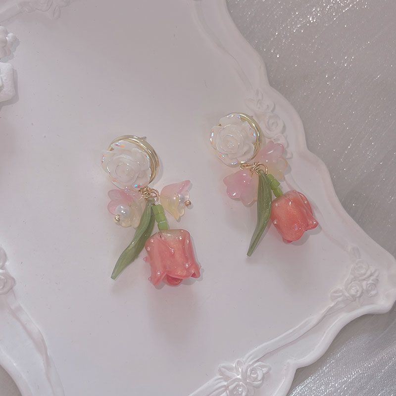 2022 New Fashion Pink Flowers Oil Painting Resin Eardrop Earring