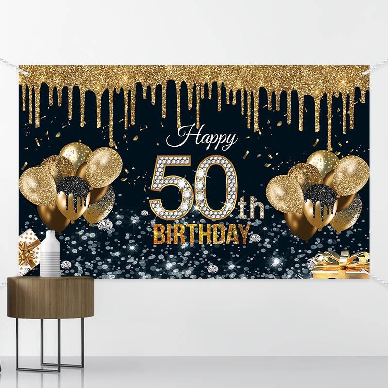 50-year-old Black Gold Birthday Background Fabric Birthday Banner