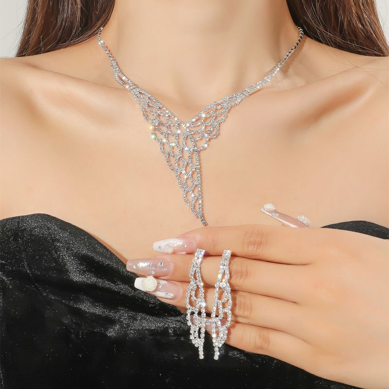 Fashion Simple White Bright Crystal Phoenix Tail Necklace And Earrings Jewelry Set