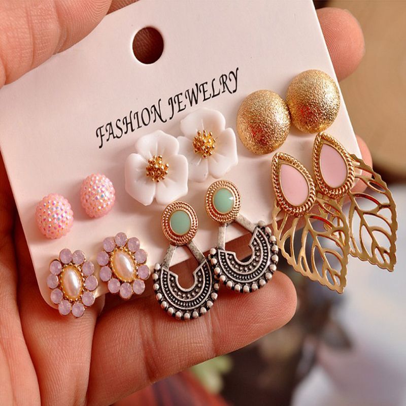 Fashion Ornament Gem Flower Leaves Alloy Ear Studs Set 6 Pairs