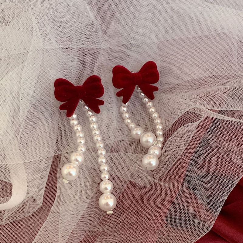 Pearl Velvet Wine Red Bow Retro Alloy Earrings Ear Clips