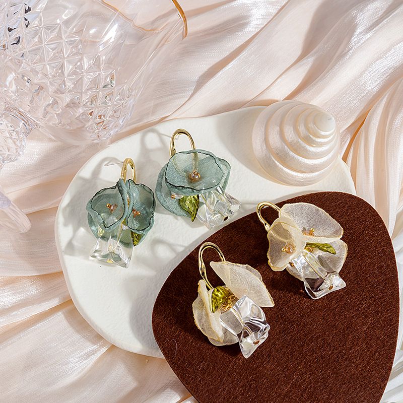 Fashion Tulle Flower Fabric Tassel Pearl Earrings