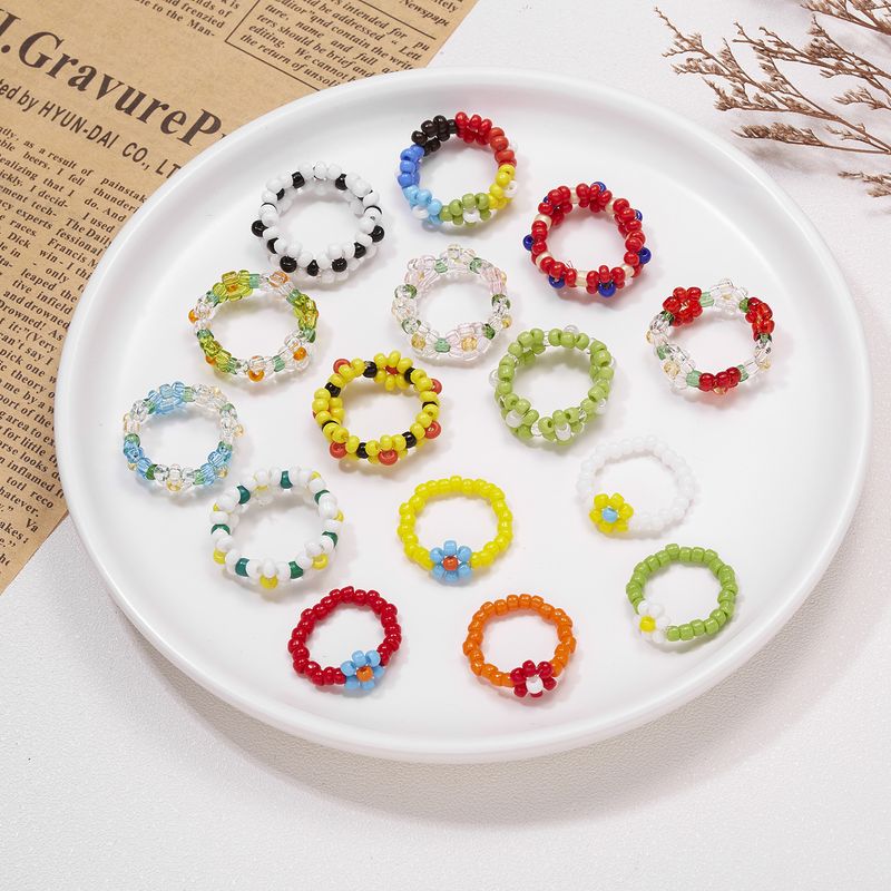 Fashion Handmade Beads Flower Ring Color Woven Small Flower