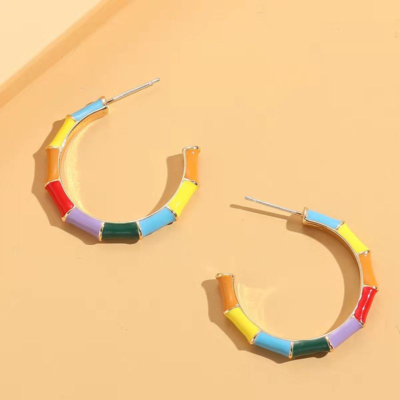 New Color C-shaped Oil Drop Bamboo Large Circle Alloy Earrings