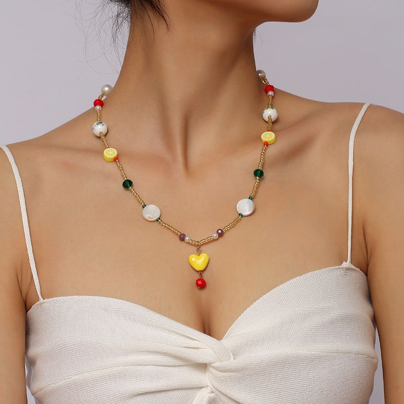 Fashion Cute Beaded Ceramic Heart-shaped Crytal Necklace