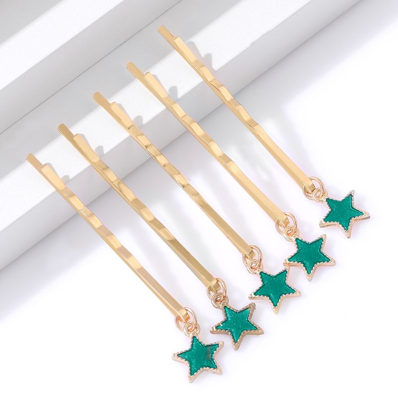 5-piece Set Of New Korean Creative Women&#39;s Green Star Bangs One Word Clip Hairpin Set