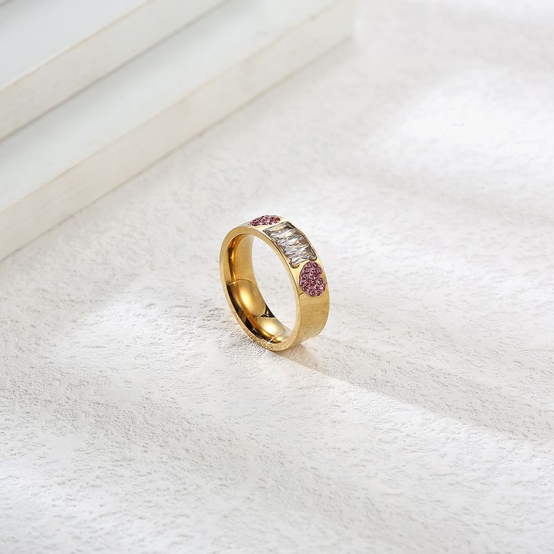 Titanium Steel Fashion Gold Simple Heart Pink Rhinestone Ring