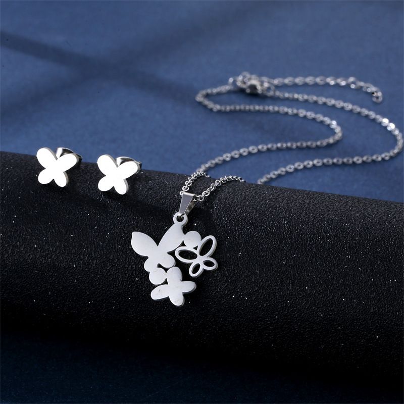 Fashion Butterfly Hollow Stainless Steel Necklace Earrings