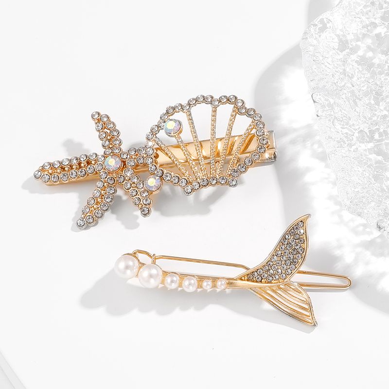 2 Piece Korean Retro Gold Rhinestone Shell Starfish Mermaid Tail Hair Clip Set