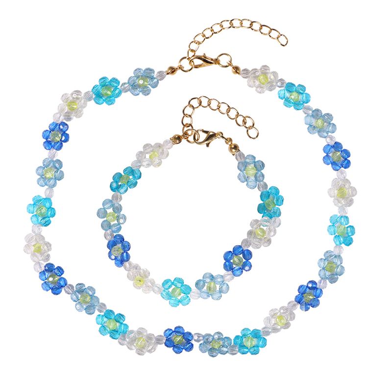 Summer Hand-woven Crystal Flower Necklace Bracelet Set