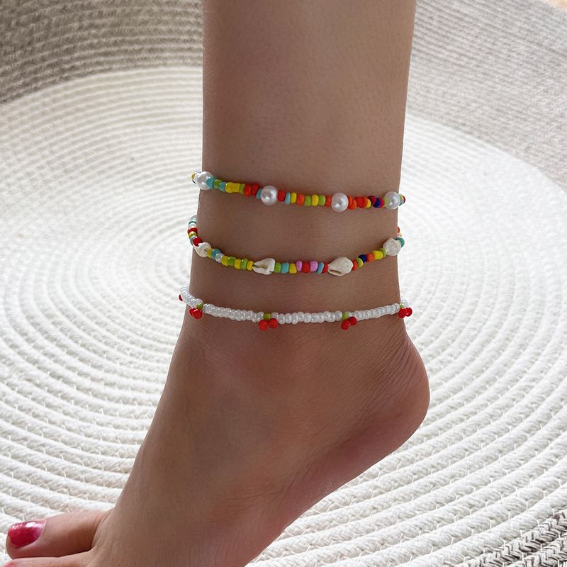 Fashion Color Conch Pearl Cherry Alloy Anklet 3-piece Set