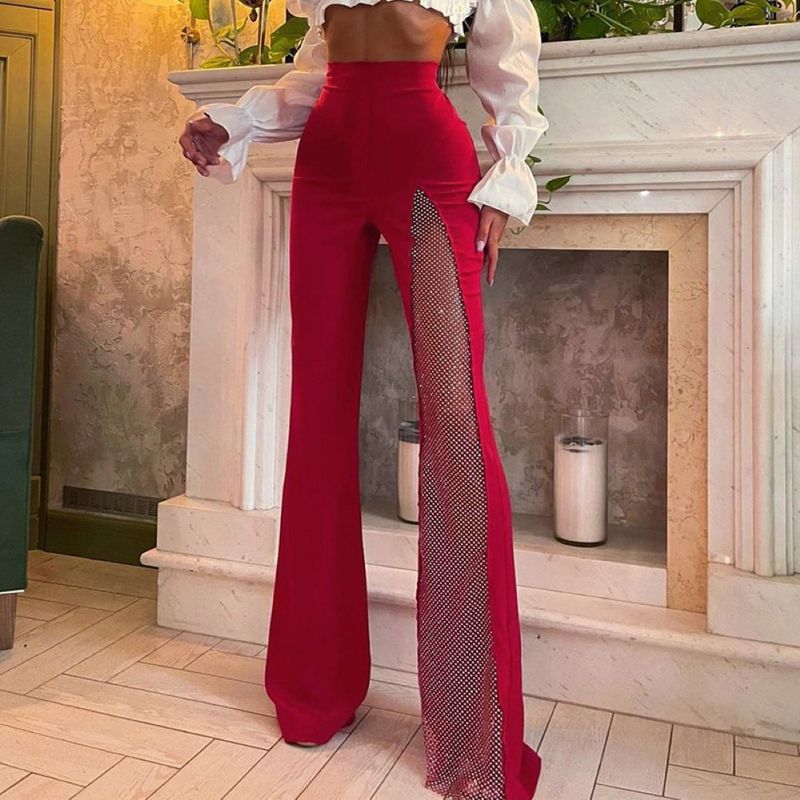 High Waist Stitching Solid Color Mesh Flared Pants