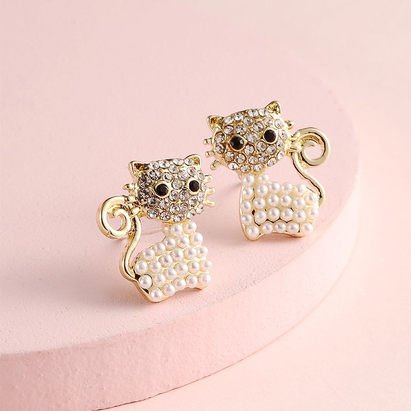Fashion Rhinestone Pearl Asymmetric Cat Stud Earrings