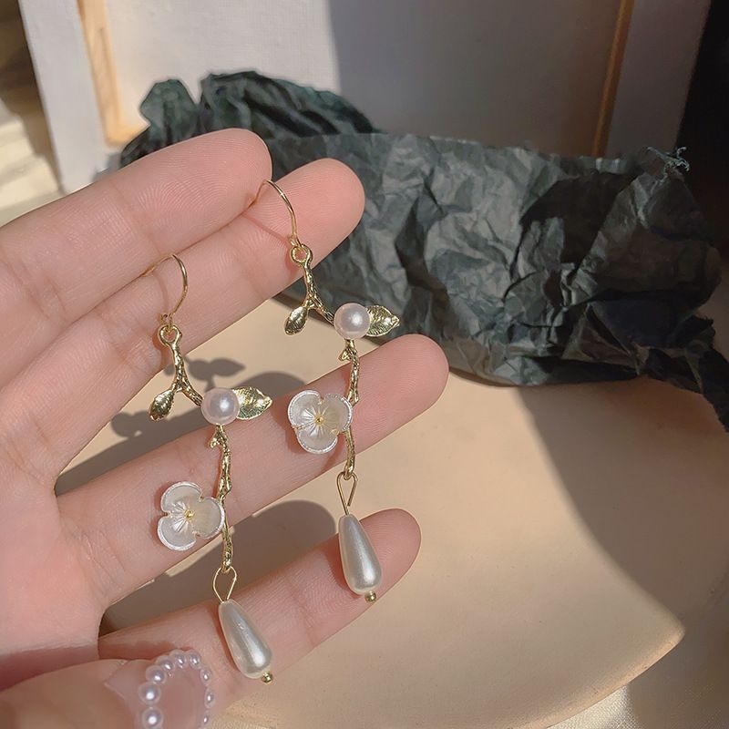 Small Fresh Pearl Flower Ear Hook Korean Temperament Simple Fashion Earring Female Long Tassel Cold Wind Ear Jewelry