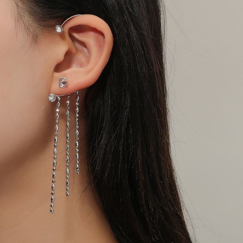 Retro Non-pierced Tassel Asymmetrical Diamond Earrings Ear Clips