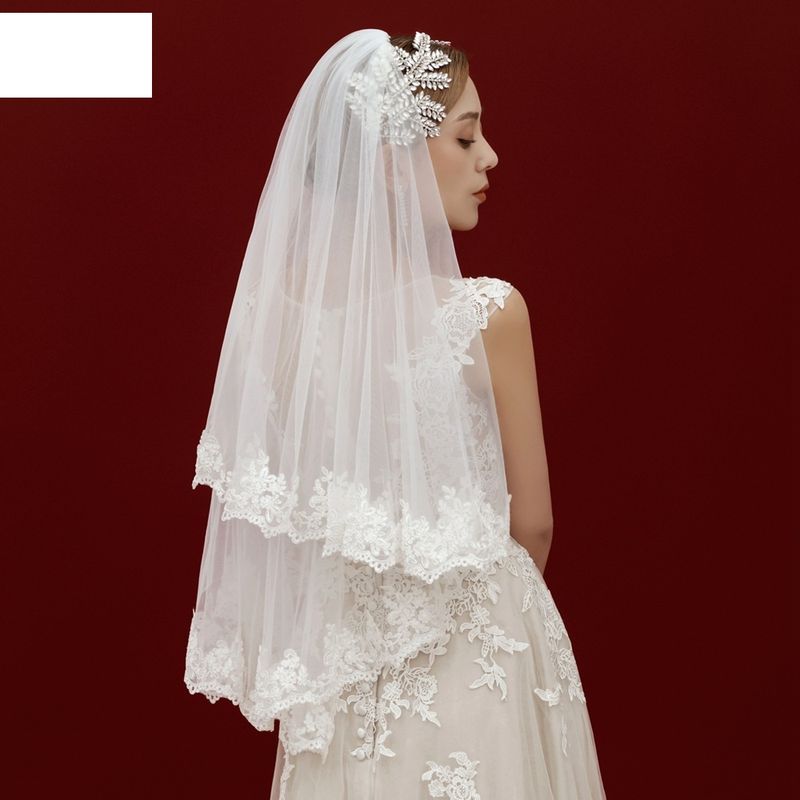Fashion Retro Bridal Veil Wedding Double Lace Applique Veil