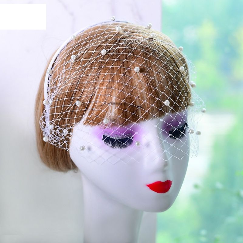 Fashion Pearl Veil Beaded Mesh Headband Bridal Headwear