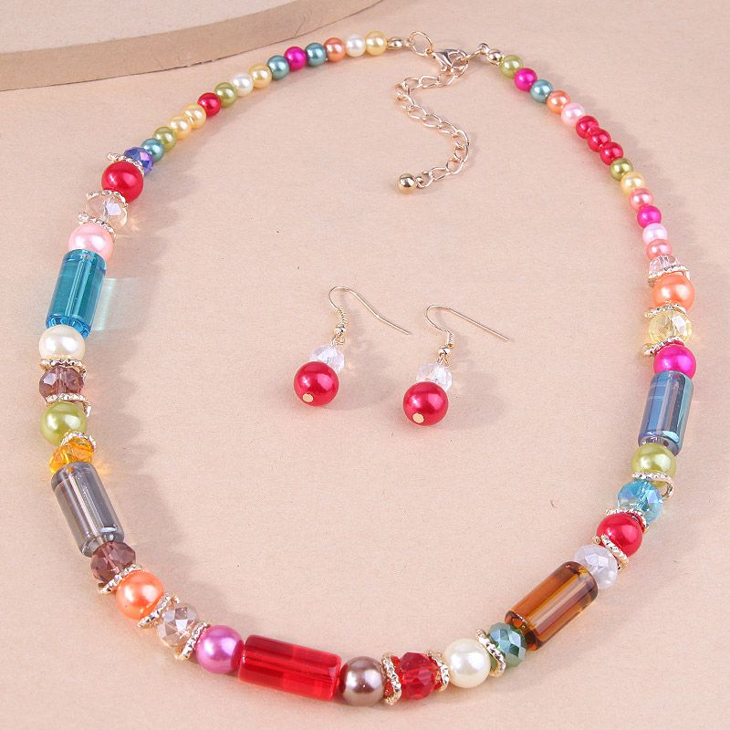 European And American Fashion All-match Colorful Pearl Crystal Beads Temperament Women&#39;s Necklace Earrings Set