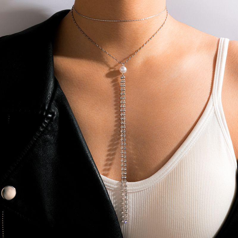 Fashion Diamond Tassel Double Layer Pearl Necklace