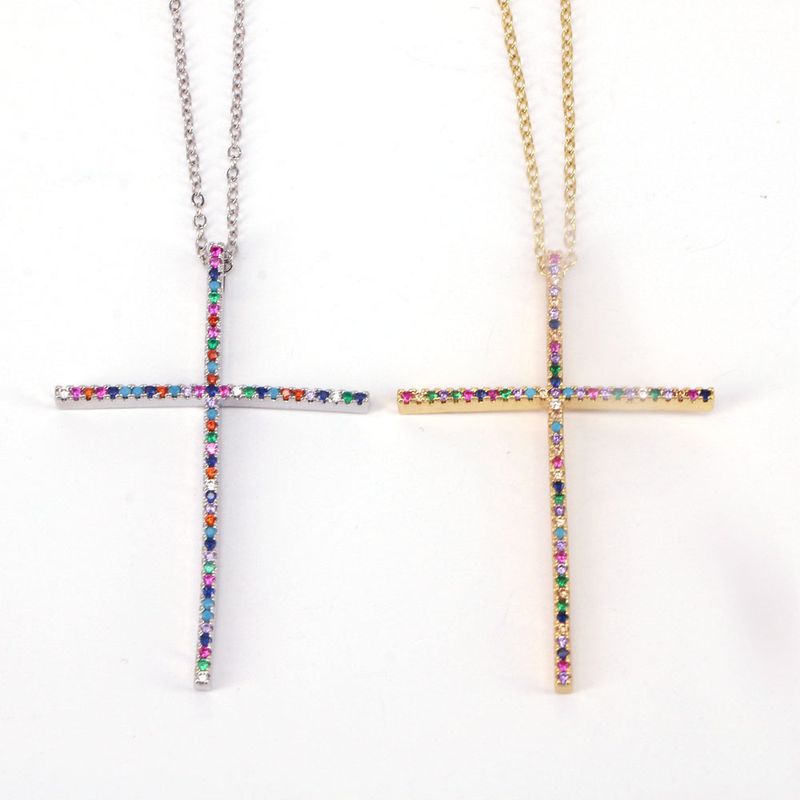 Hip Hop Stil Kreuz Kupfer Intarsien Farbe Zirkon Anhänger Halskette