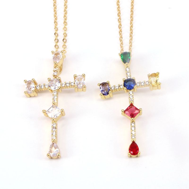 Mode Kreuz Anhänger Kupfer Intarsien Farbe Zirkon Halskette